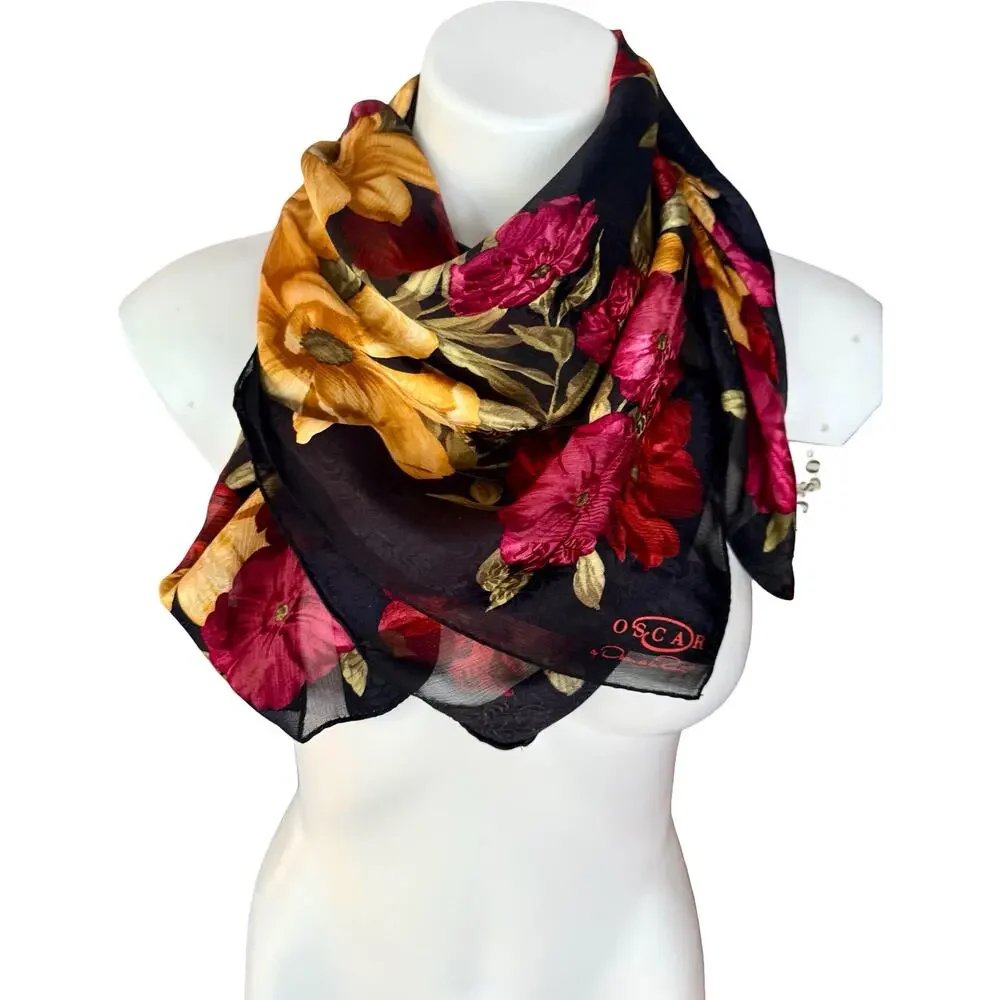 Vintage Oscar de la Renta Silk Scarf Black Jewel Tone Floral 1990s NWT